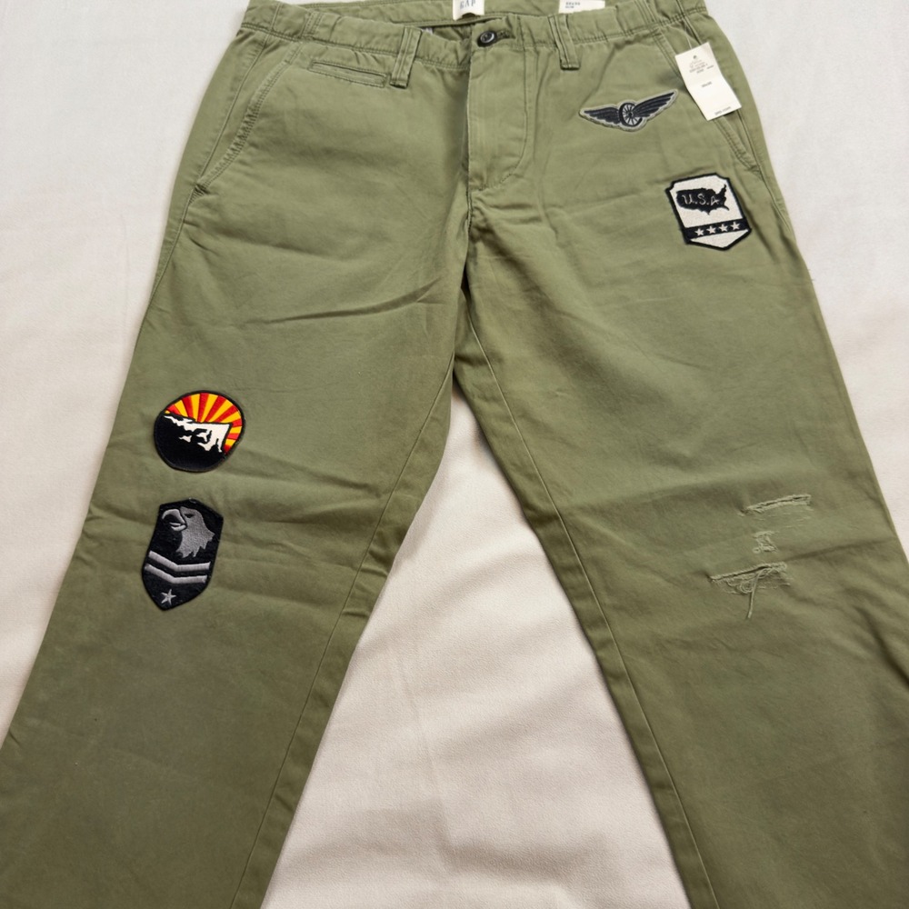 GAP Mens Slim Fit Military Patches Chino Pants 30x30 Olive Green‎ NWT - Picture 5 of 10
